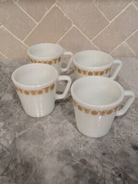Vintage Pyrex White Glass Mugs with Gold Butterfly Floral Band - Set of 4